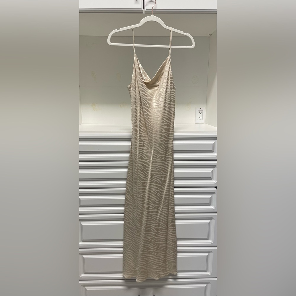 Bec + bridge satin midi printed cream slip dress